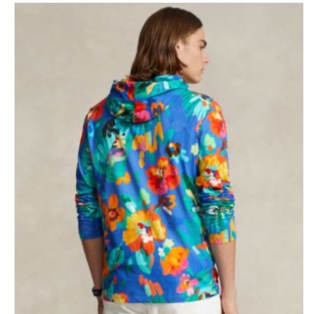 Polo Ralph Lauren Mens Blue Tropical Floral Print Long Sleeve Hooded T-Shirt M - Picture 10 of 12